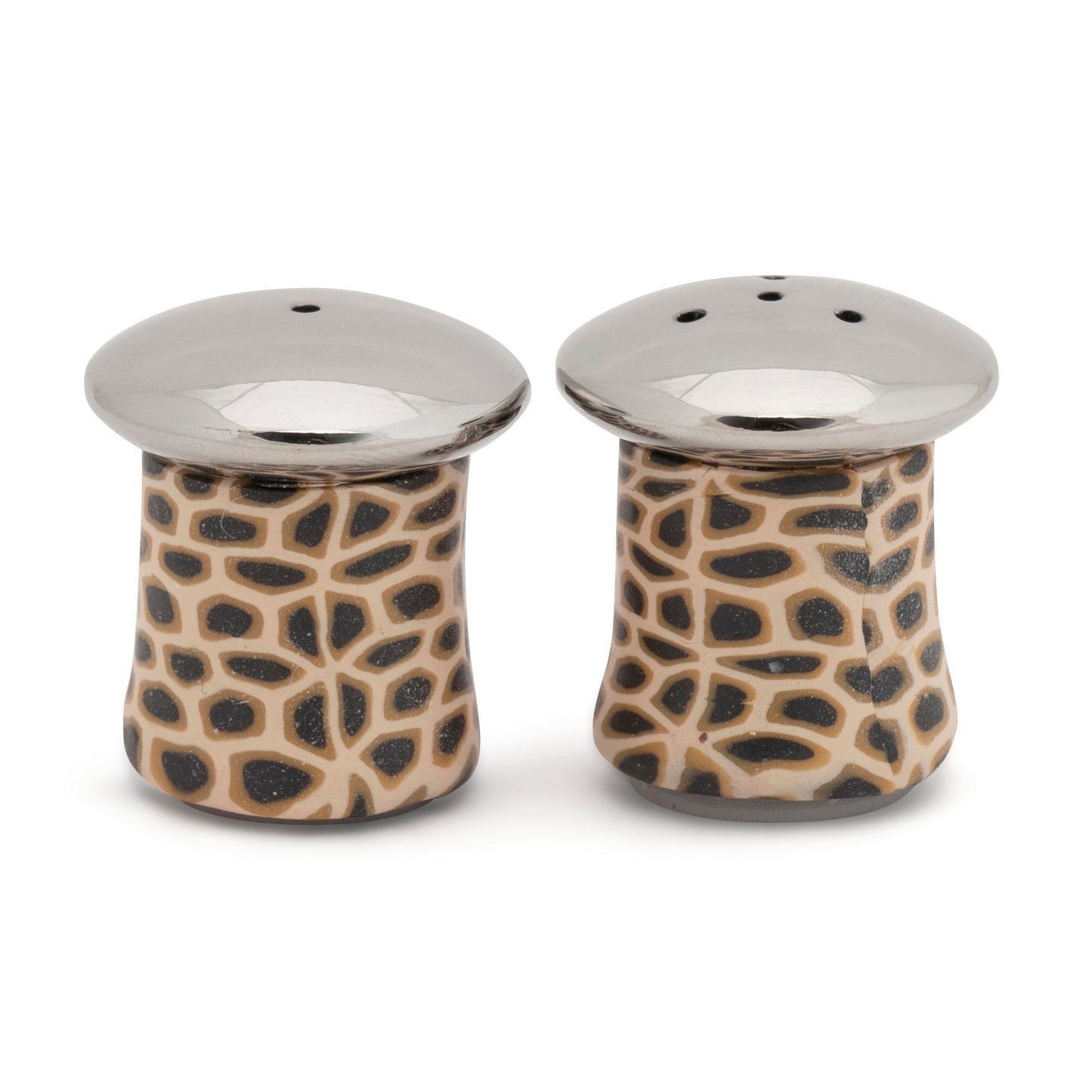 Fimo clay and silver-plated salt and pepper set in a wooden gift-box