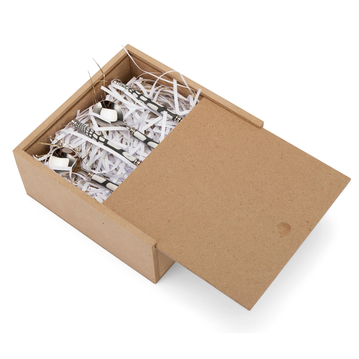 Fimo clay and silver-plated teaspoon set in a wooden gift box