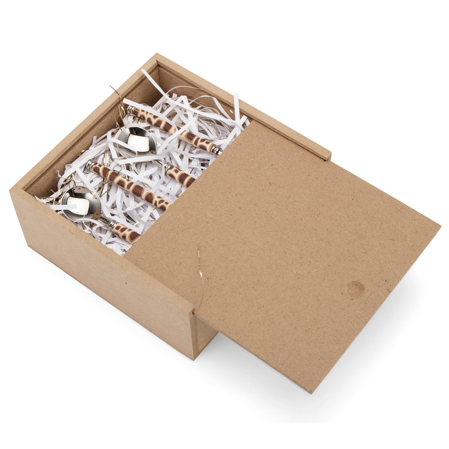 Fimo clay and silver-plated teaspoon set in a wooden gift box