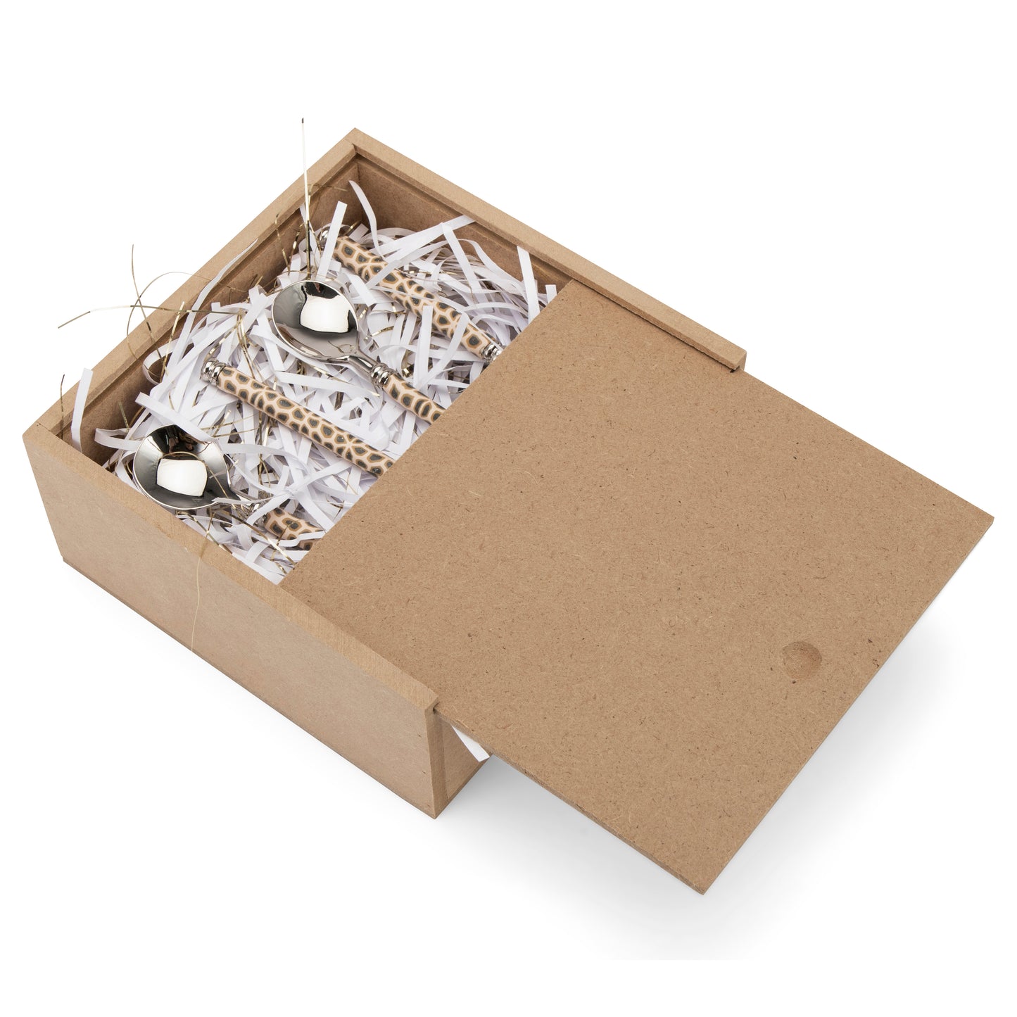 Fimo clay and silver-plated teaspoon set in a wooden gift box