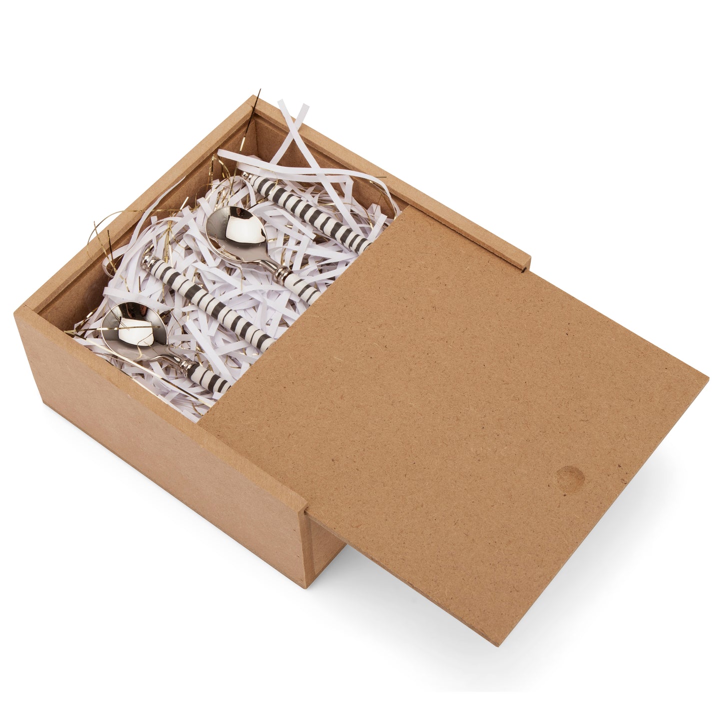 Fimo clay and silver-plated teaspoon set in a wooden gift box