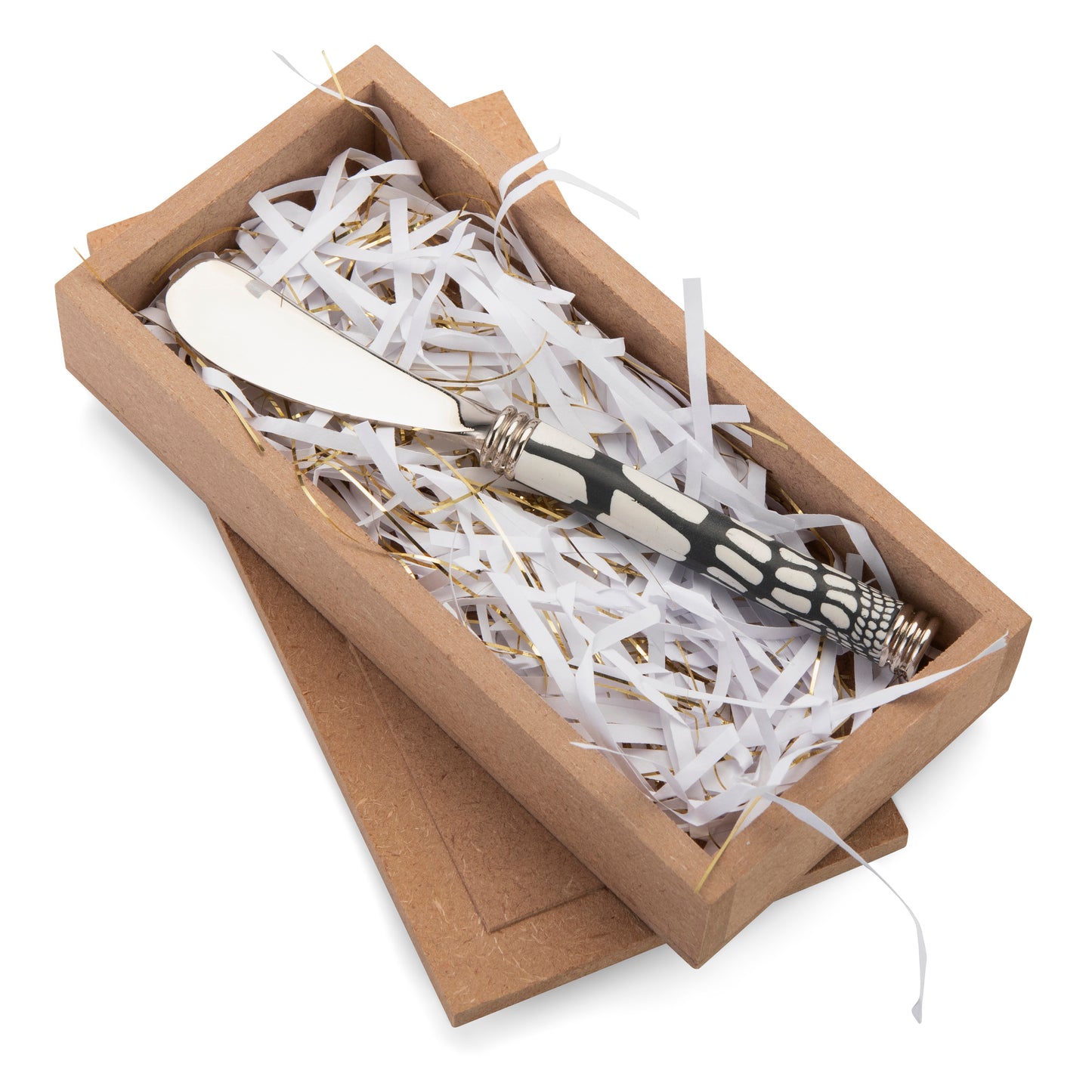 Fimo clay and silver-plated butterknife in a wooden gift box