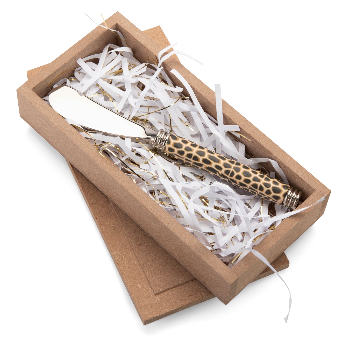 Fimo clay and silver-plated butterknife in a wooden gift box