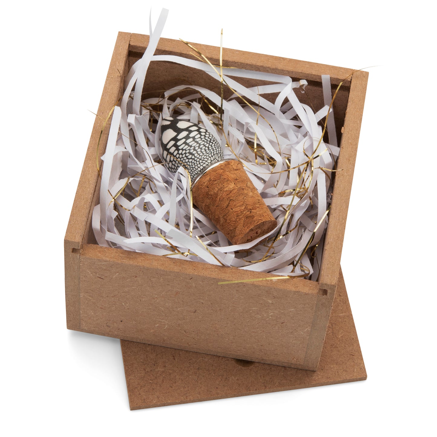 Fimo clay and silver-plated cork wine-stopper set in a wooden gift-box