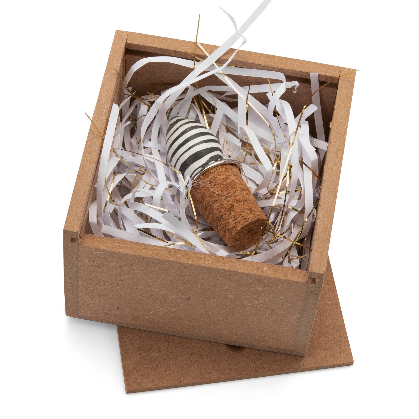 Fimo clay and silver-plated cork wine-stopper set in a wooden gift-box