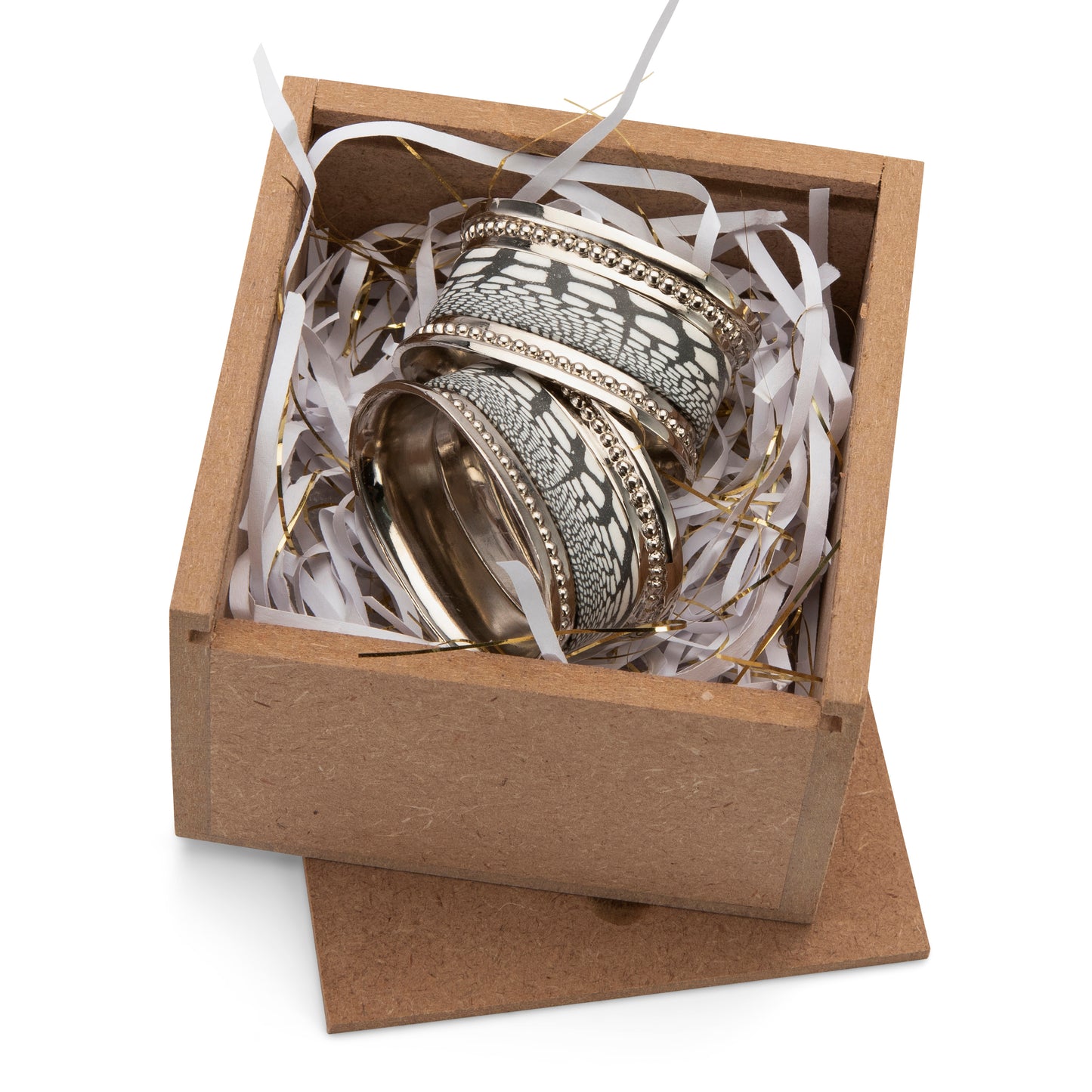 Fimo clay and silver-plated napkin ring set in a wooden gift box