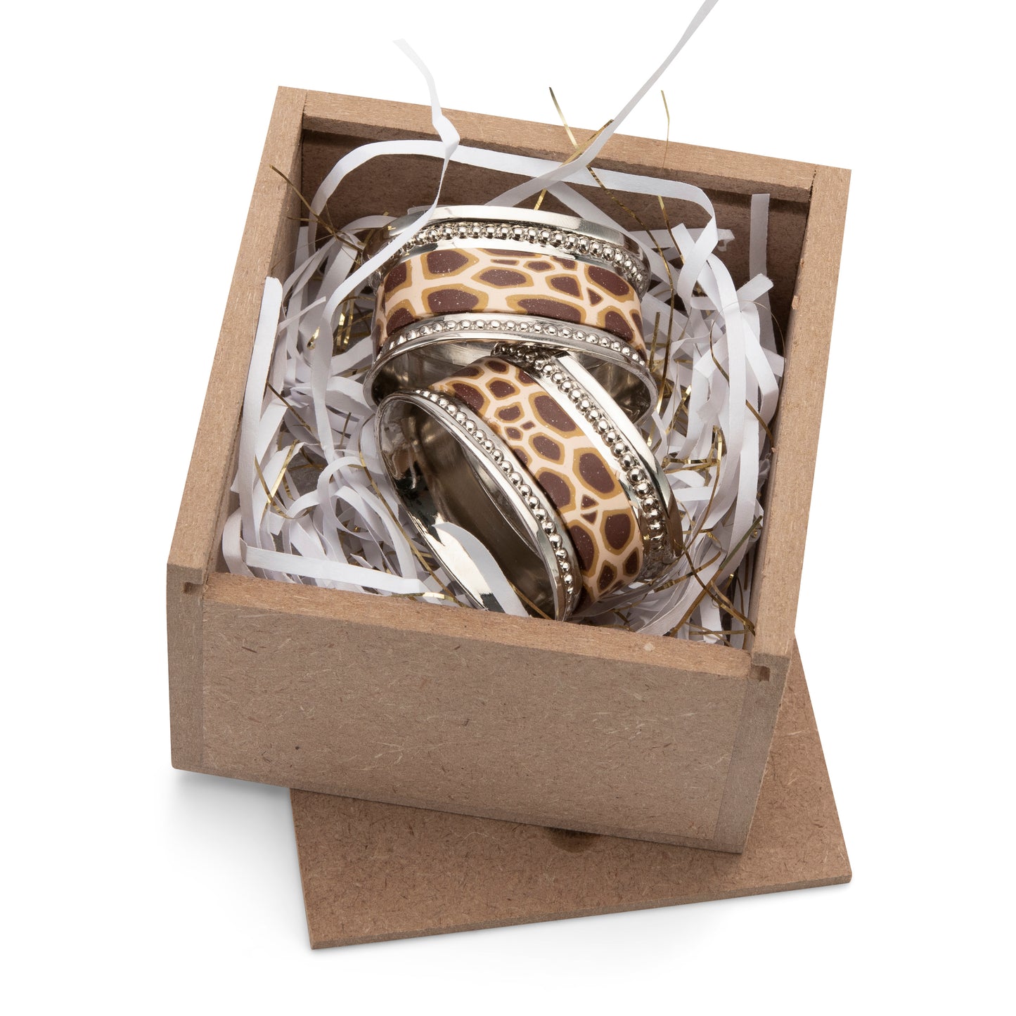 Fimo clay and silver-plated napkin ring set in a wooden gift box