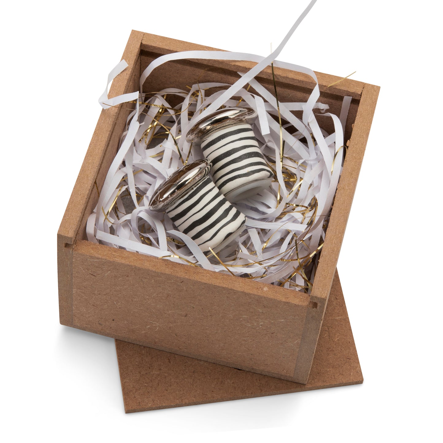 Fimo clay and silver-plated salt and pepper set in a wooden gift-box