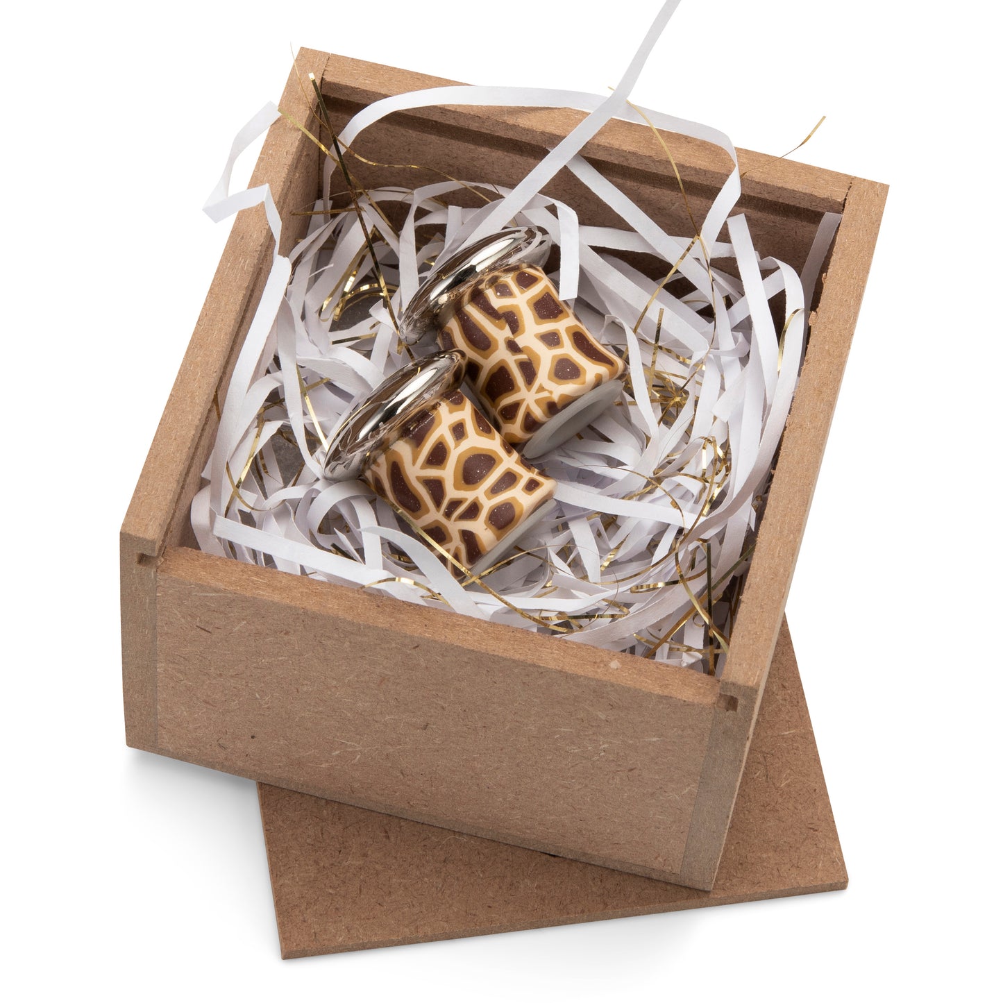 Fimo clay and silver-plated salt and pepper set in a wooden gift-box