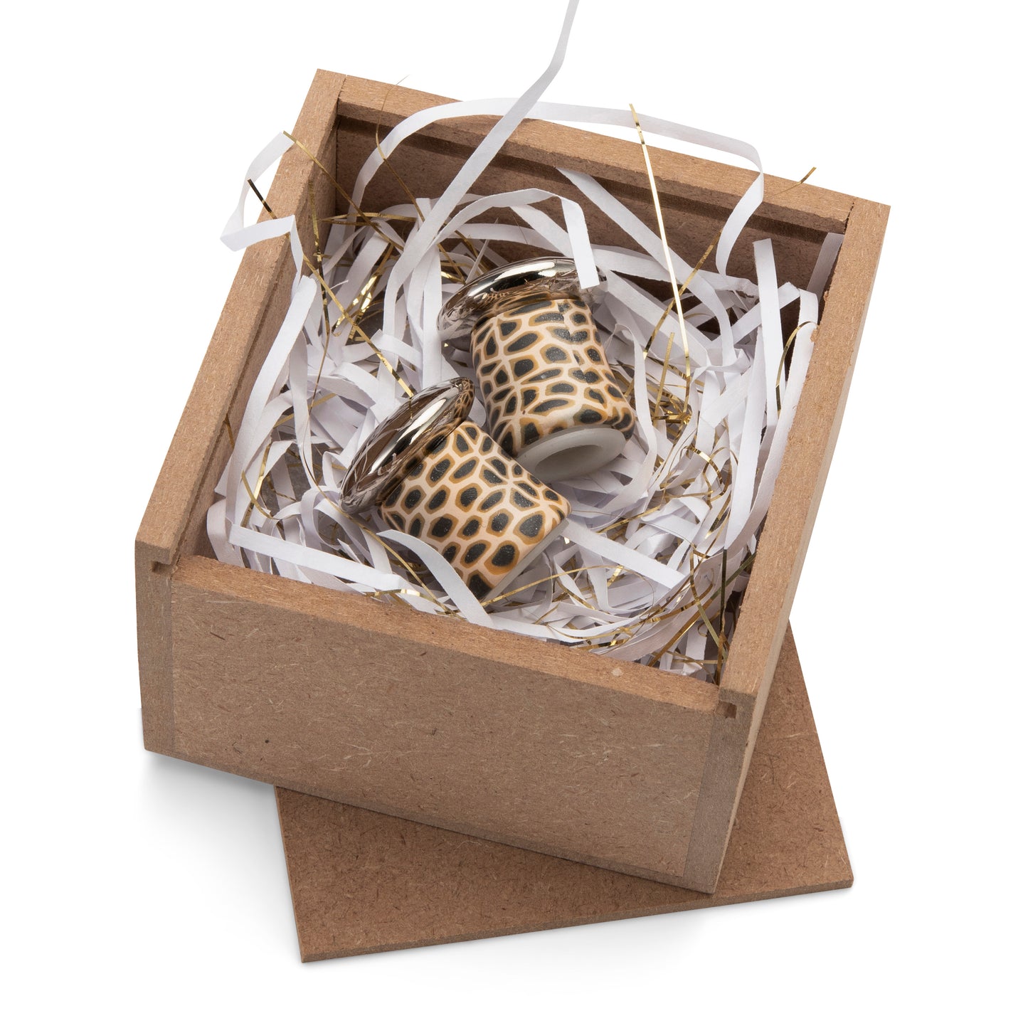 Fimo clay and silver-plated salt and pepper set in a wooden gift-box