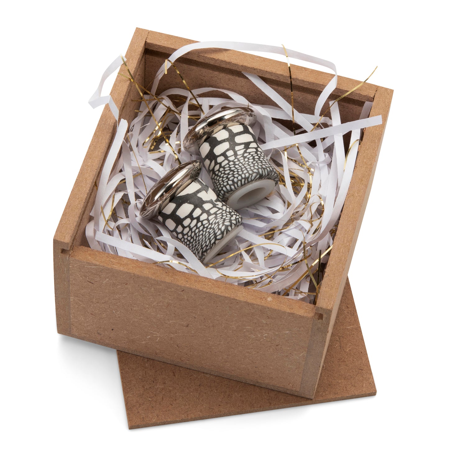 Fimo clay and silver-plated salt and pepper set in a wooden gift-box