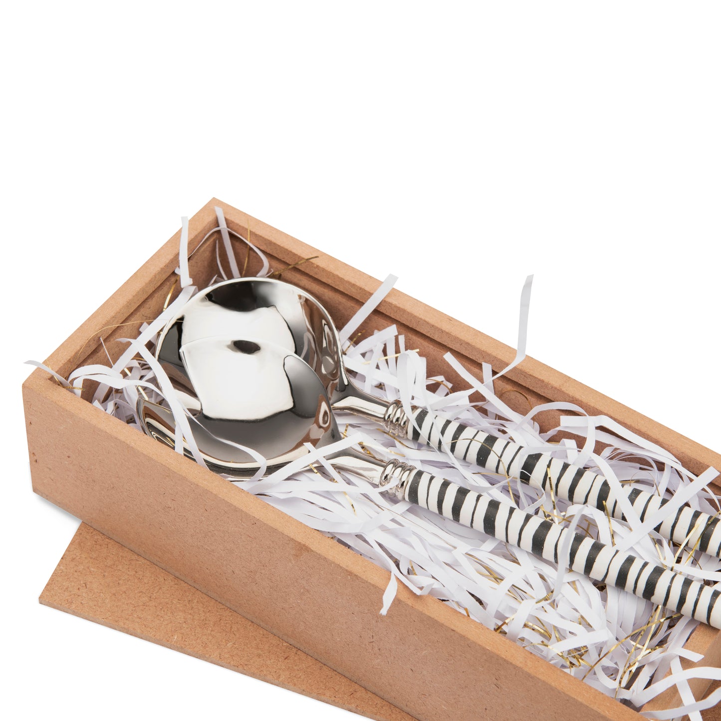 Fimo clay and silver-plated salad server set in a wooden gift box