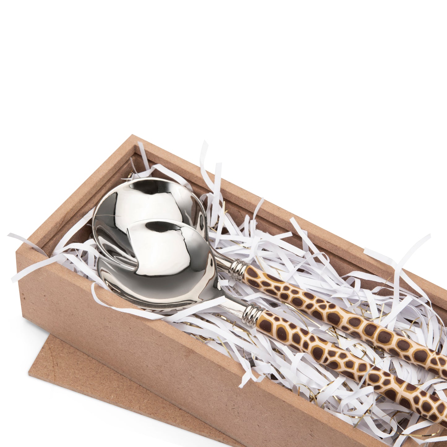 Fimo clay and silver-plated salad server set in a wooden gift box