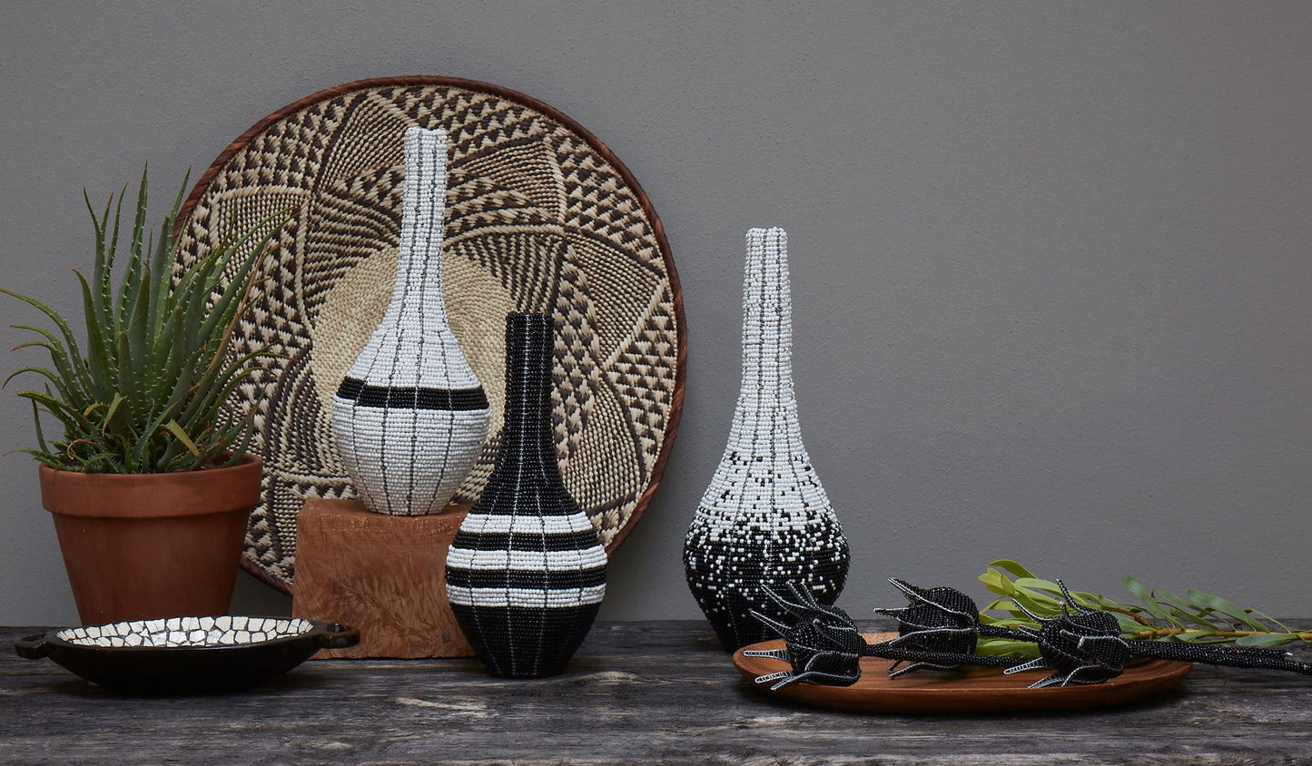 Black & white beaded decorative vase