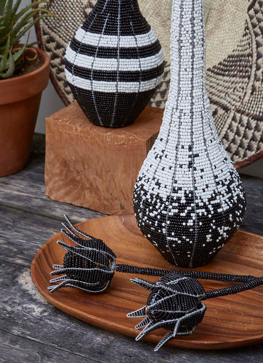 Set of 3 Black & white beaded decorative vases