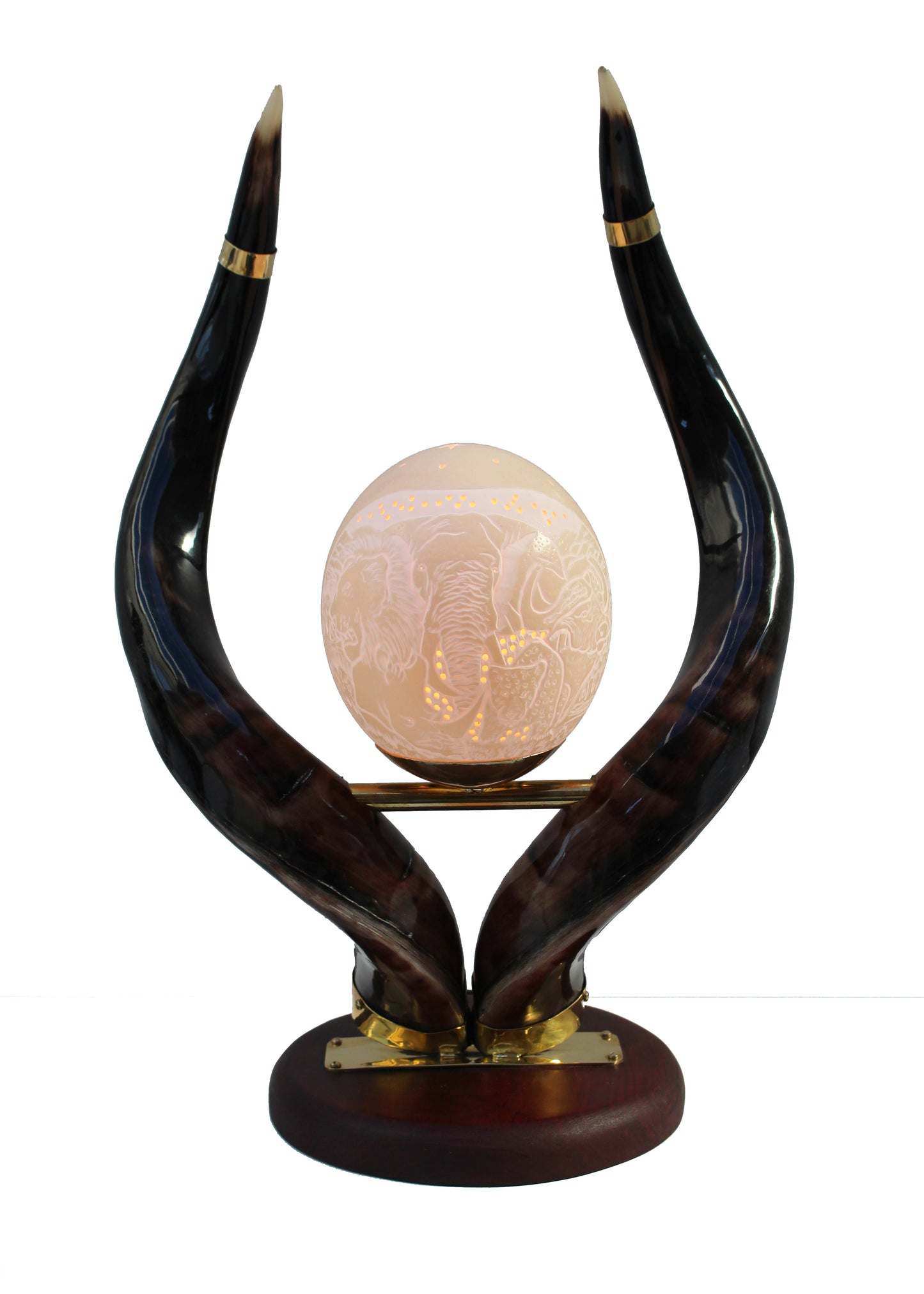 Big 5 etched ostrich eggshell set on a kudu horn lamp