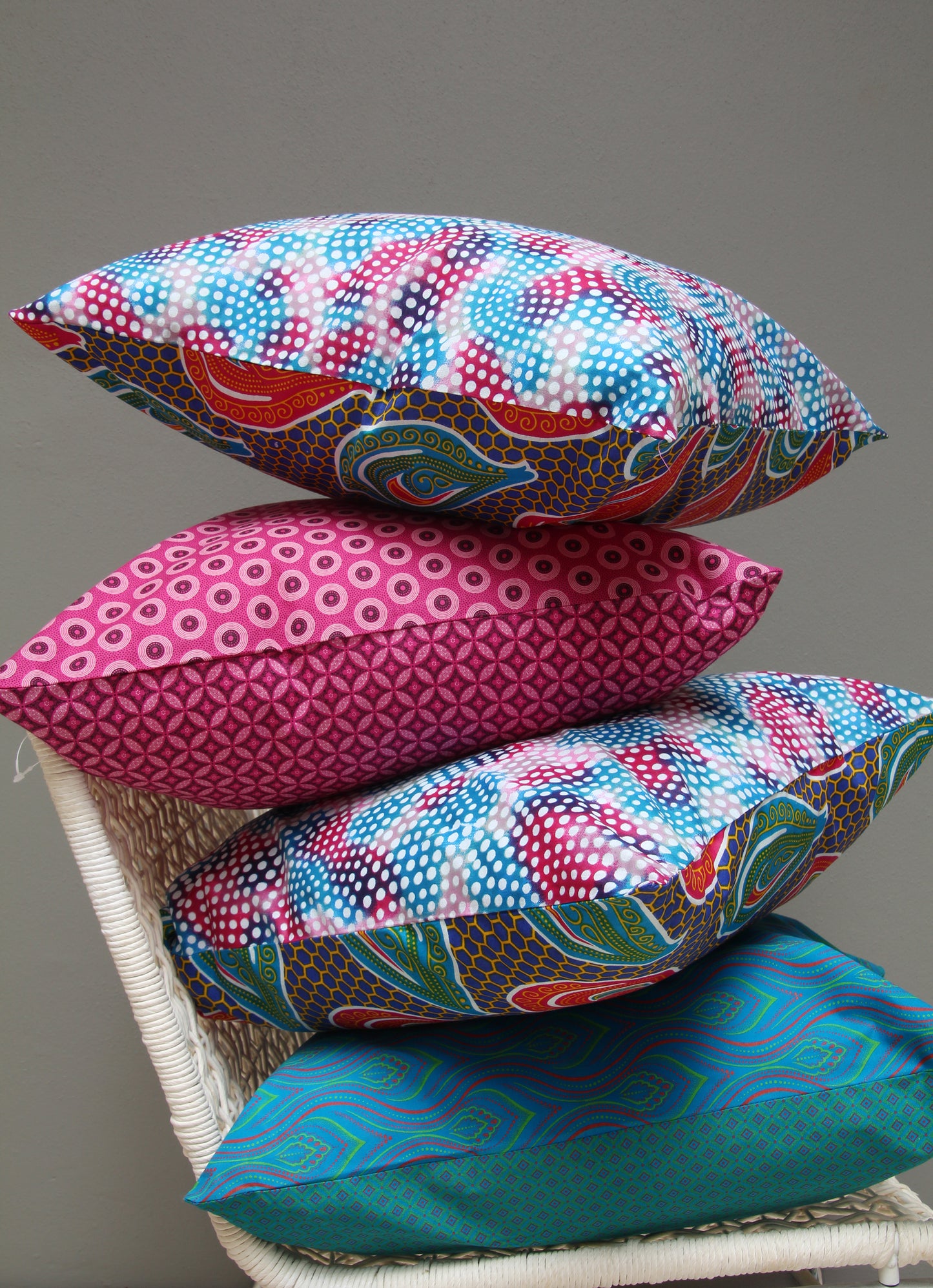 Turquoise, pink and green African Shweshwe scatter cushion