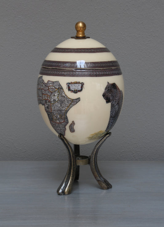 Decoupage Leopard & map ostrich eggshell jewelry box