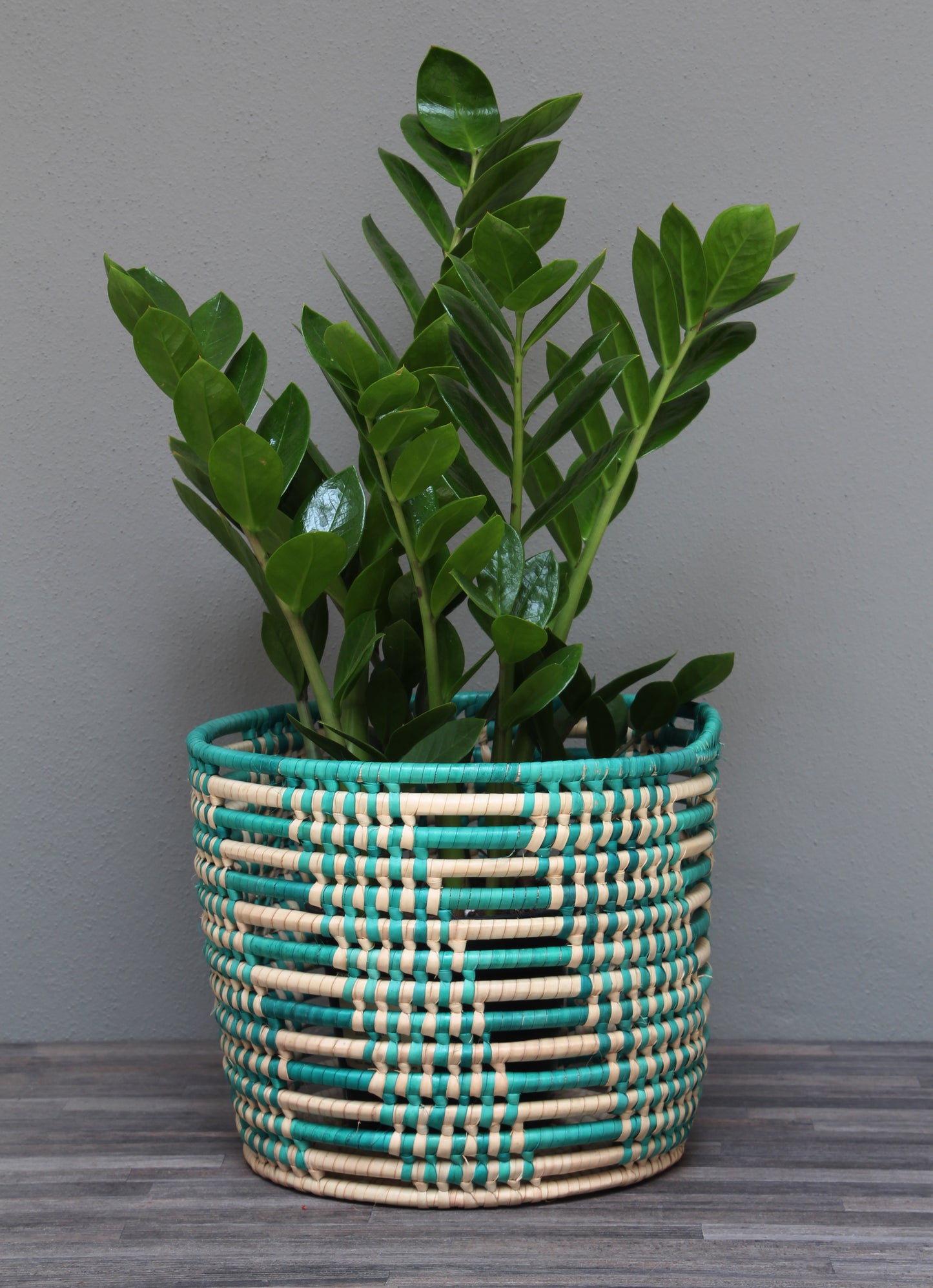 African turquoise and natural storage basket