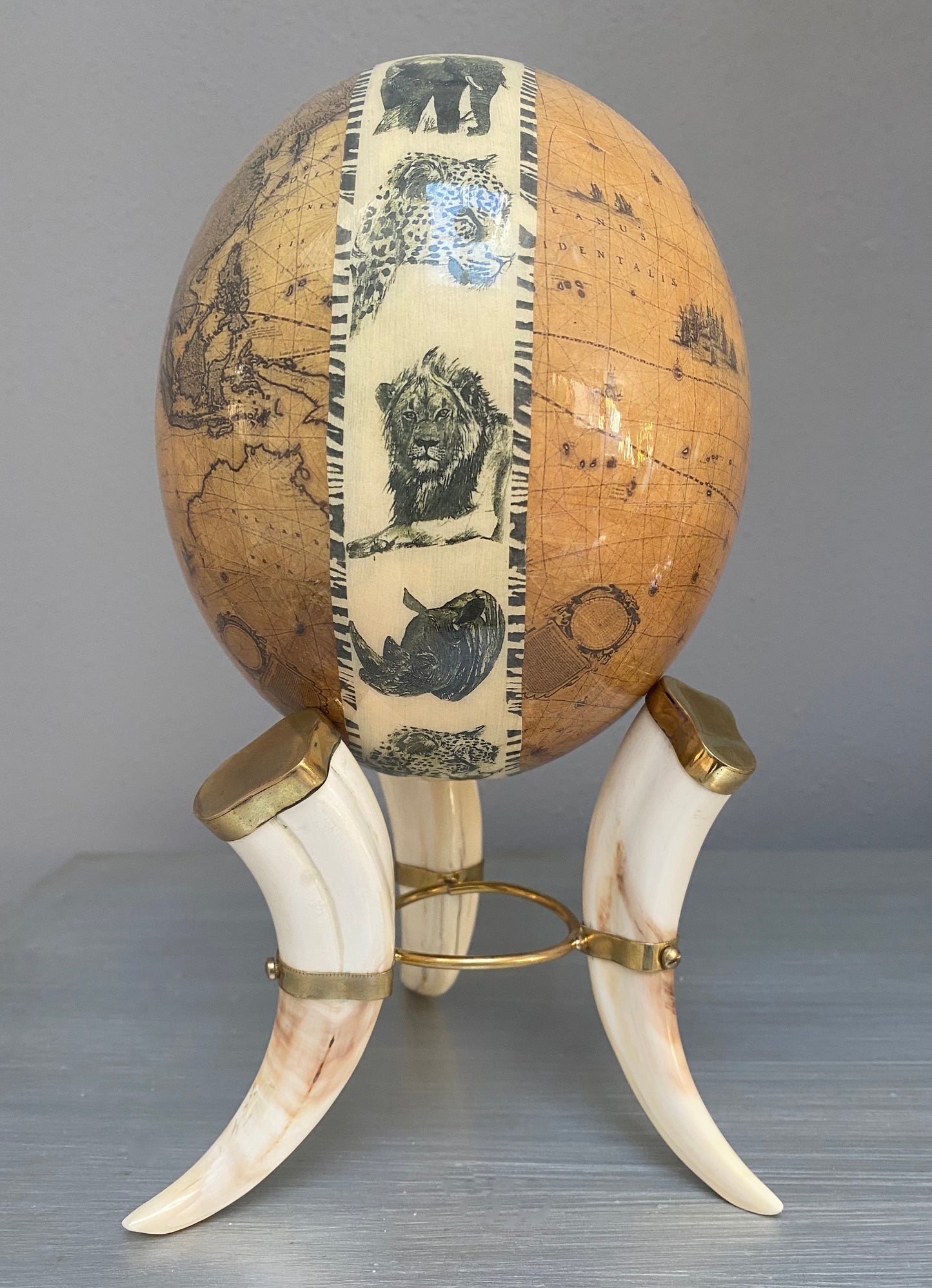 Decoupage world map ostrich egg
