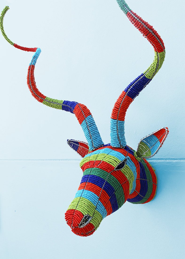 Striped multi-coloured beaded kudu head wall piece