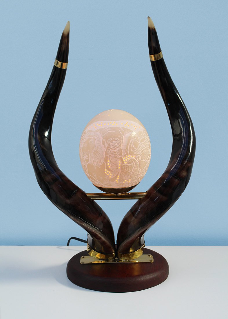 Authentic kudu horn ostrich egg lamp stand