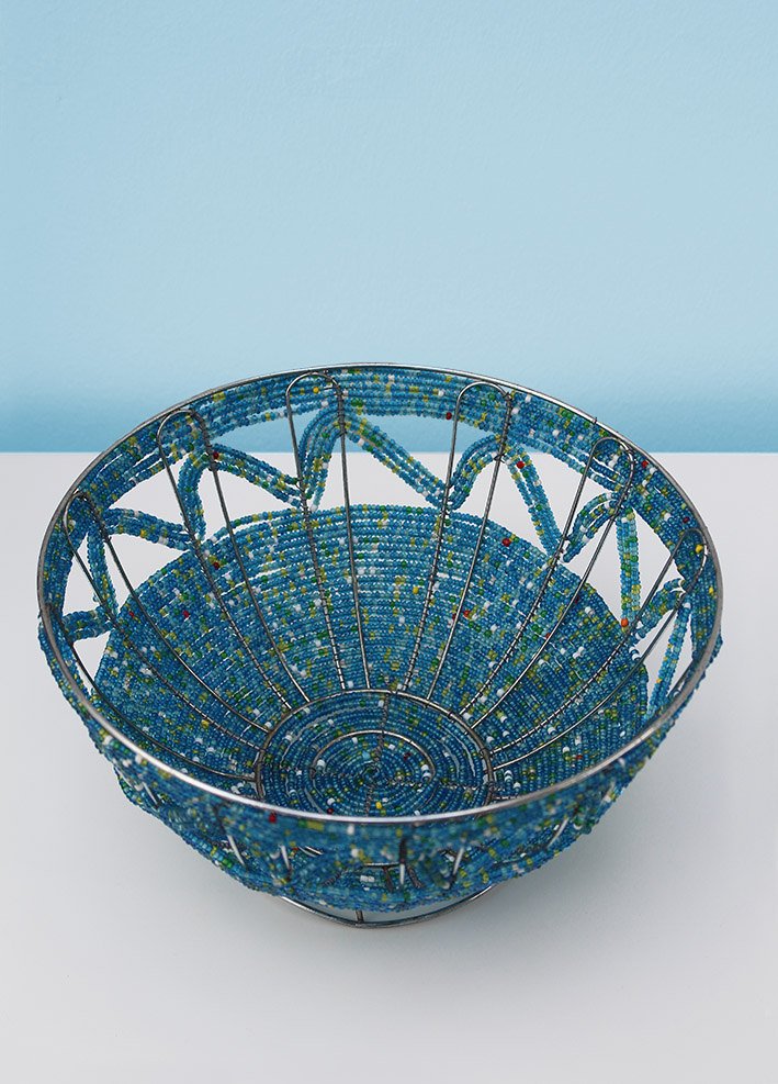Blue green and red beaded bowl