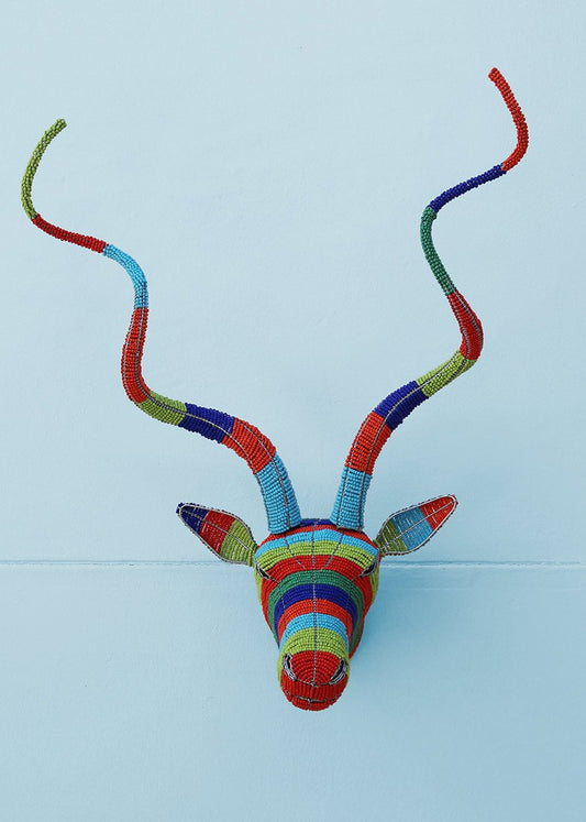 Striped multi-coloured beaded kudu head wall piece