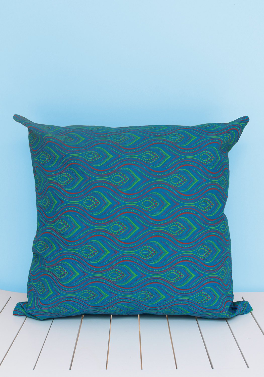 Turquoise, pink and green African Shweshwe scatter cushion
