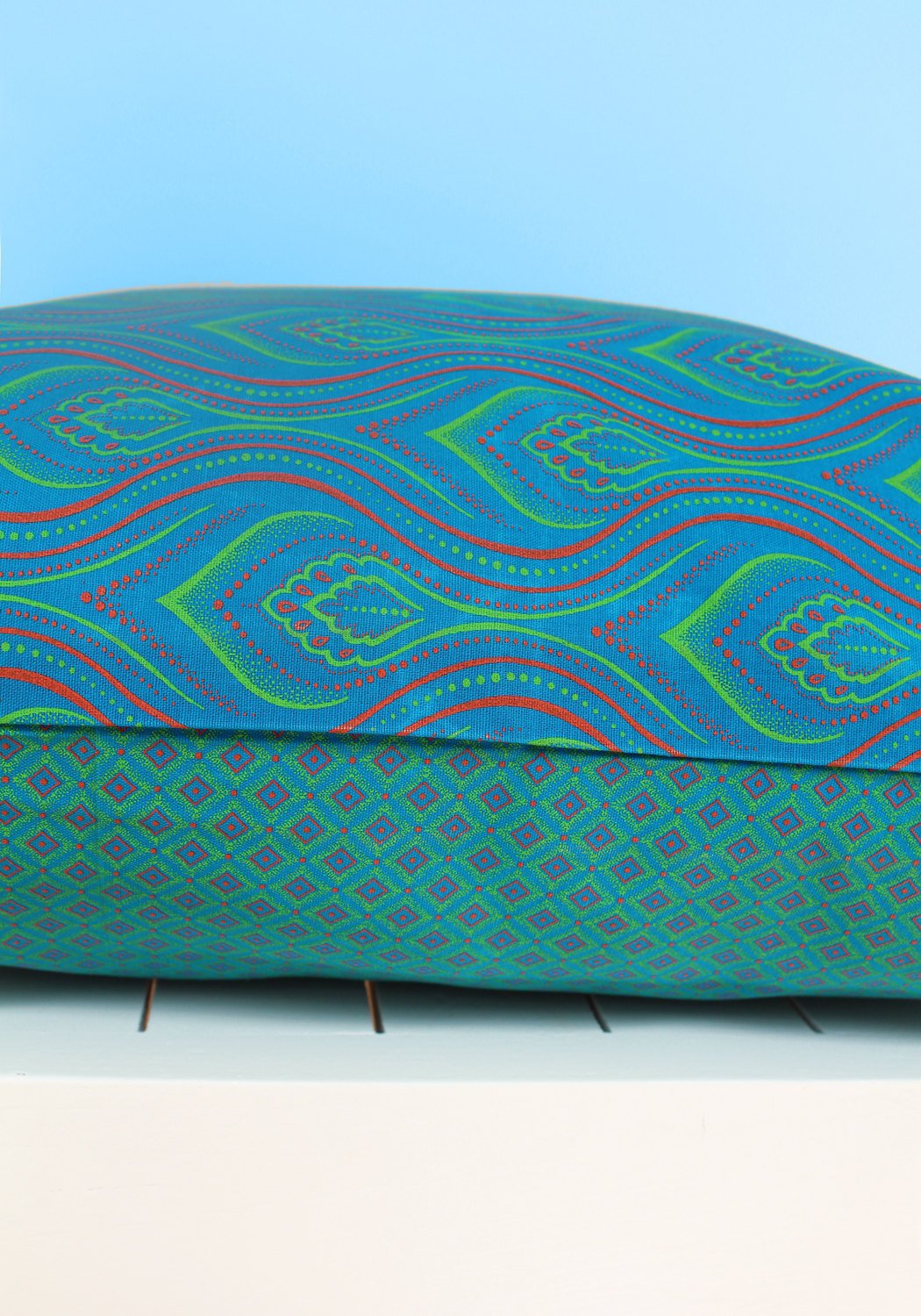 Turquoise, pink and green African Shweshwe scatter cushion