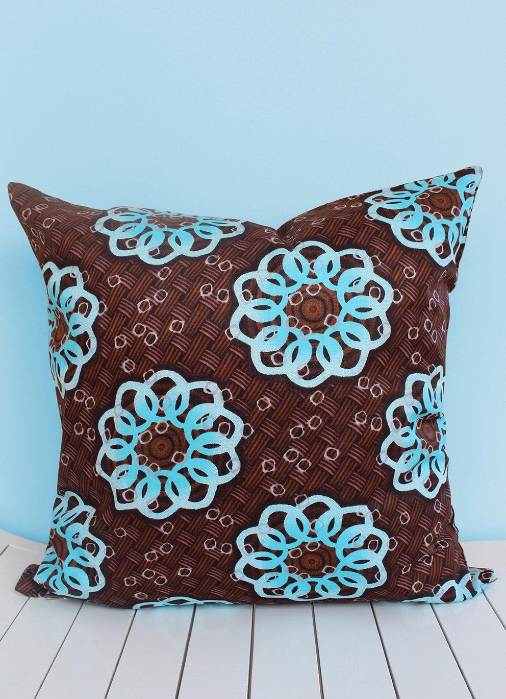 Turquoise & brown Java African wax print scatter cushion