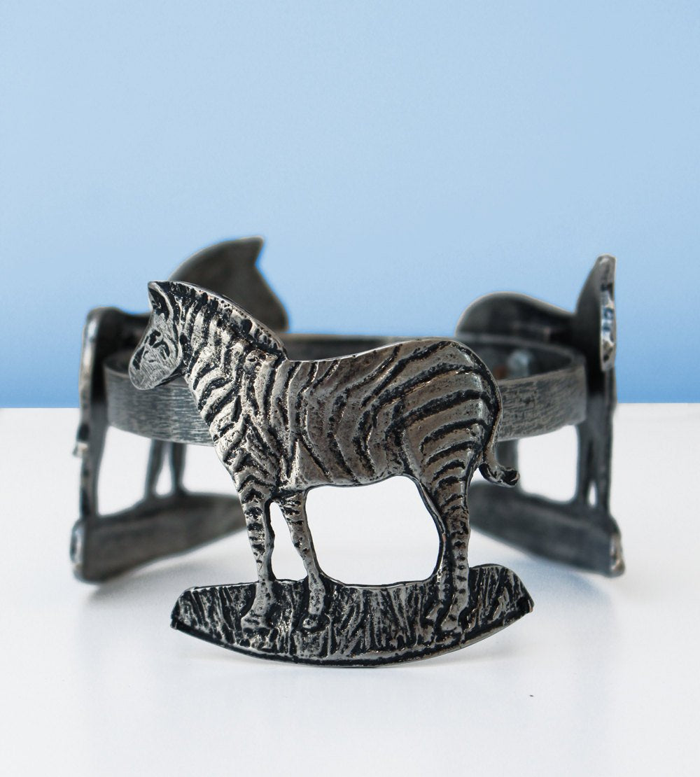 Zebra antique nickel ostrich egg stand