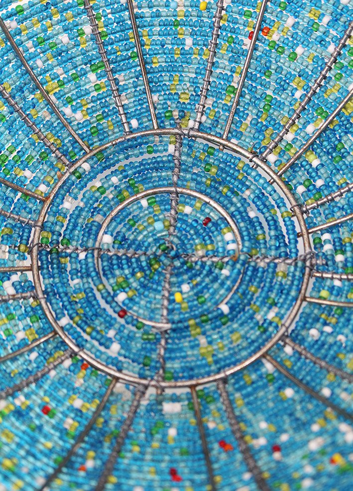 Blue green and red beaded bowl