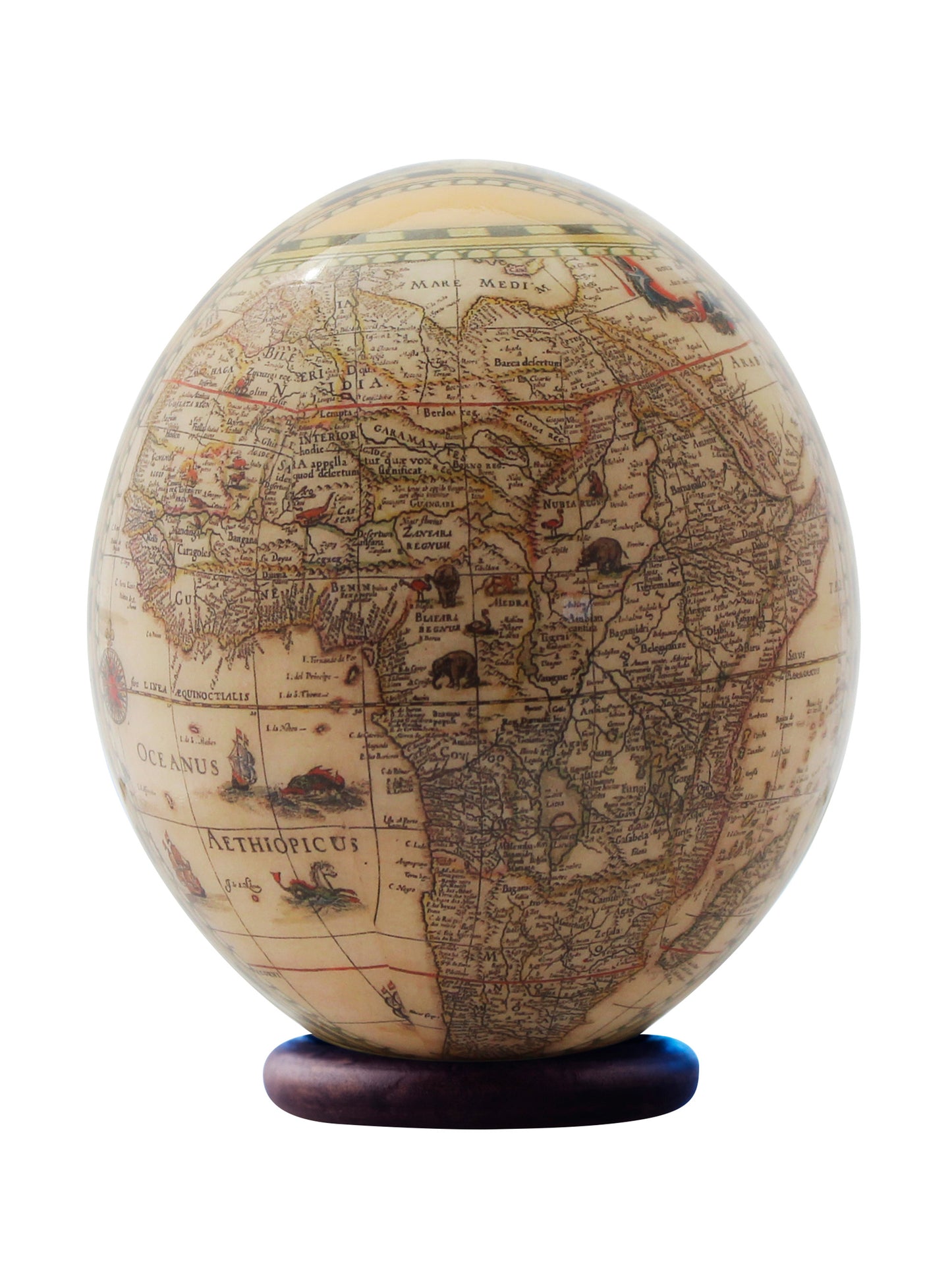 Decoupage elephant and map ostrich egg