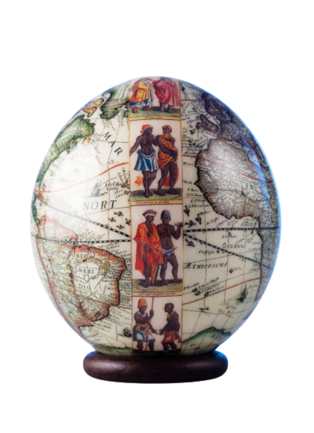 Decoupage world map ostrich egg