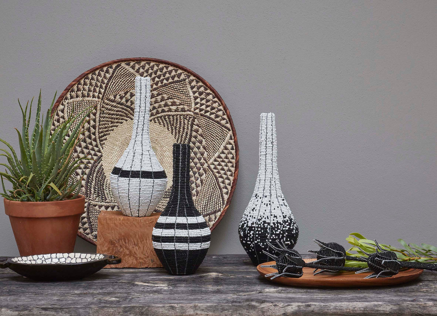 Set of 3 Black & white beaded decorative vases