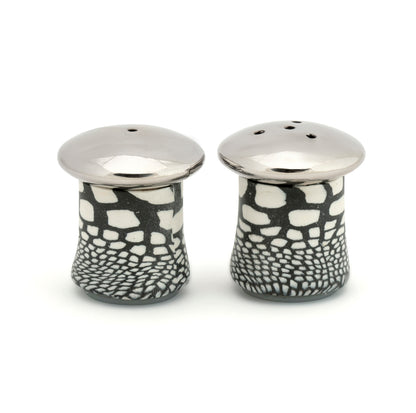 Fimo clay and silver-plated salt and pepper set in a wooden gift-box
