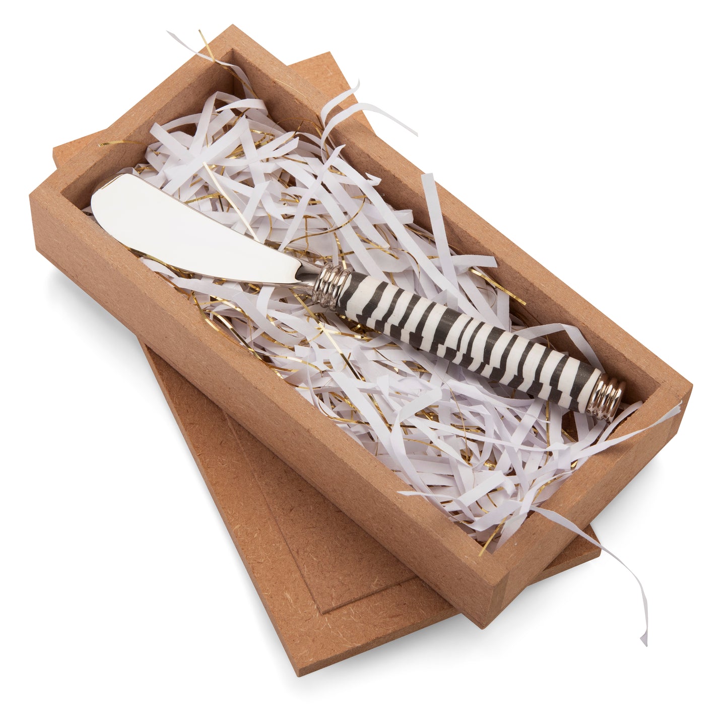 Fimo clay and silver-plated butterknife in a wooden gift box