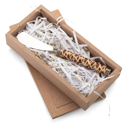 Fimo clay and silver-plated butterknife in a wooden gift box