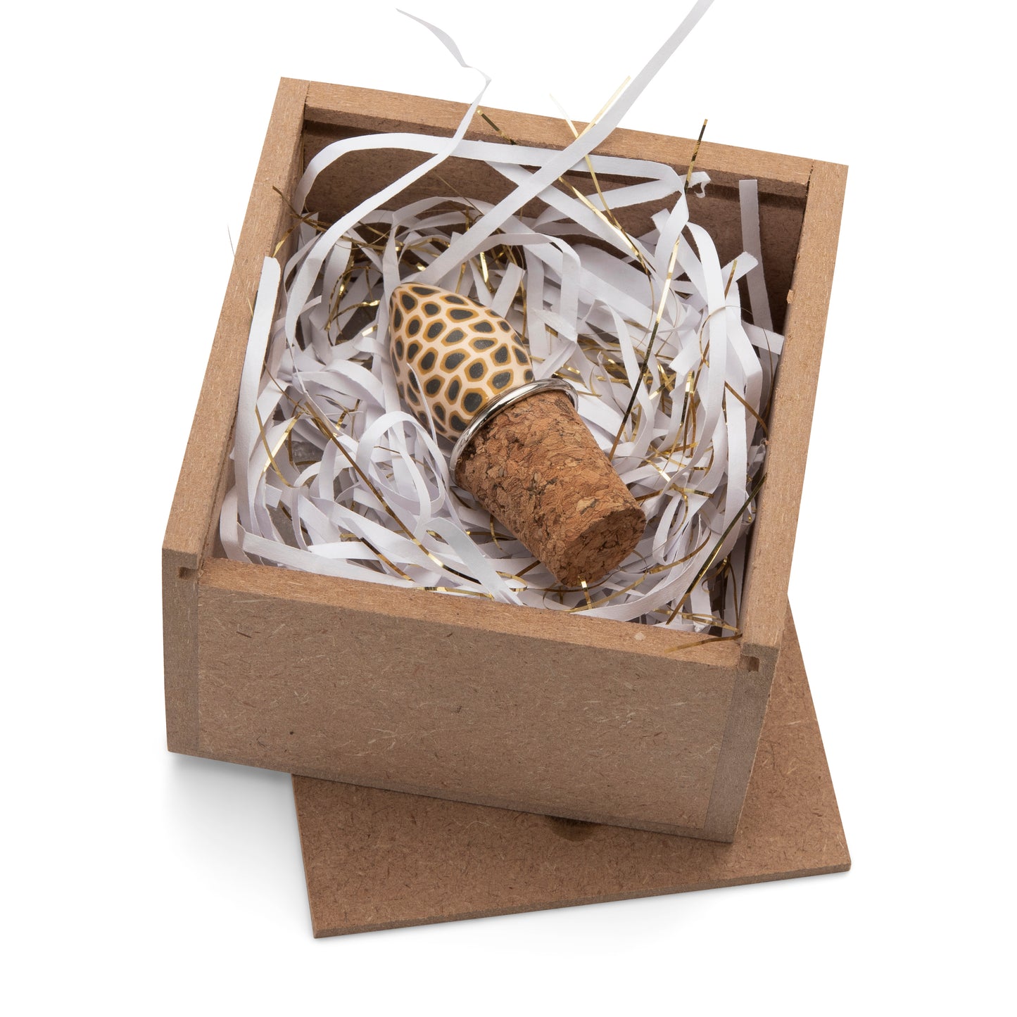 Fimo clay and silver-plated cork wine-stopper set in a wooden gift-box
