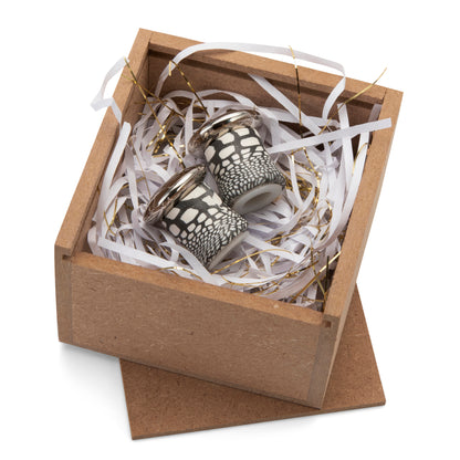 Fimo clay and silver-plated salt and pepper set in a wooden gift-box