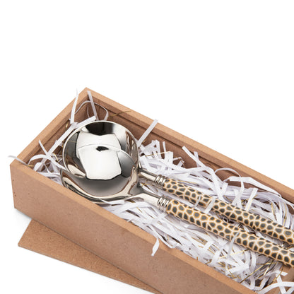 Fimo clay and silver-plated salad server set in a wooden gift box