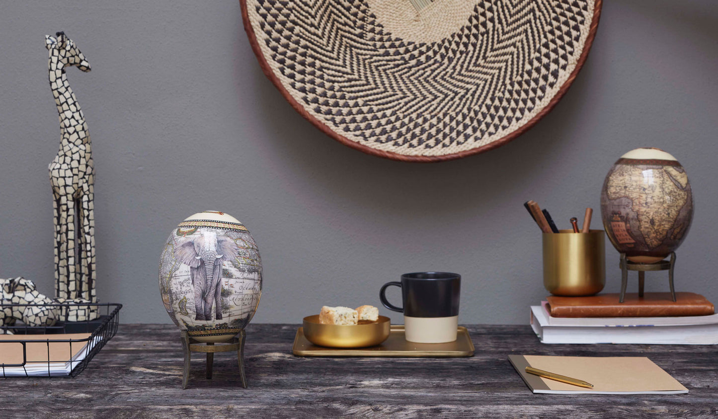 Elephant and map decoupage ostrich eggshell
