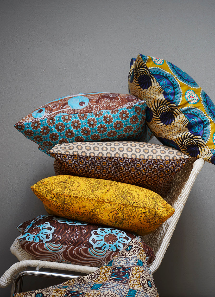 Turquoise, pink and green African Shweshwe scatter cushion