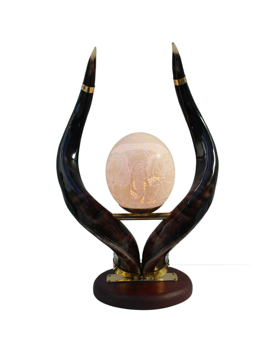 Authentic kudu horn ostrich egg lamp stand