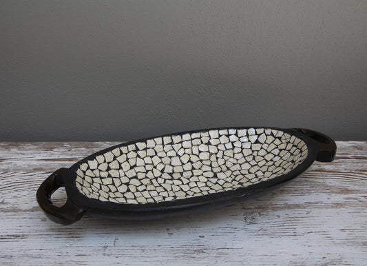 Cream eggshell mosaic bowl with handles 39cm