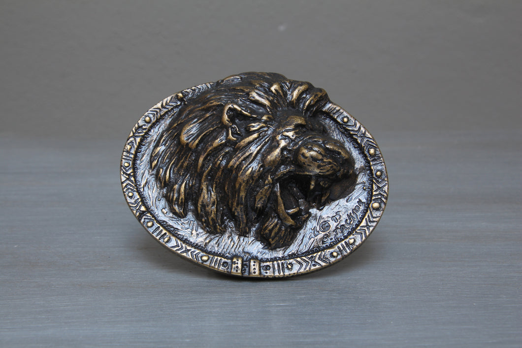 Brass African lion belt buckle