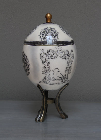 Decoupage lovebird & scroll ostrich eggshell jewelry box