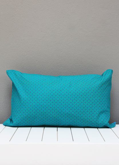 Turquoise, pink and green African Shweshwe scatter cushion