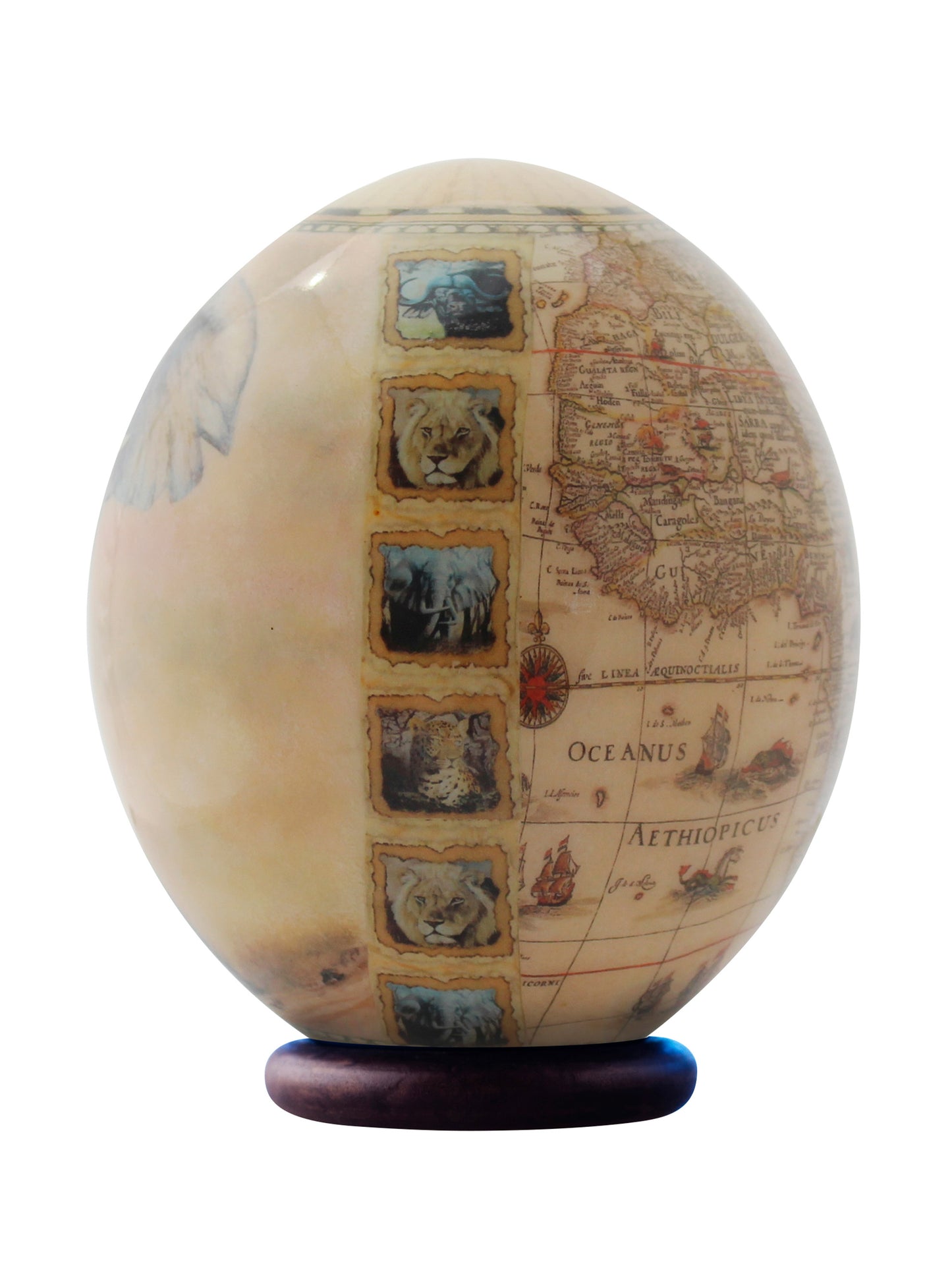 Decoupage elephant and map ostrich egg